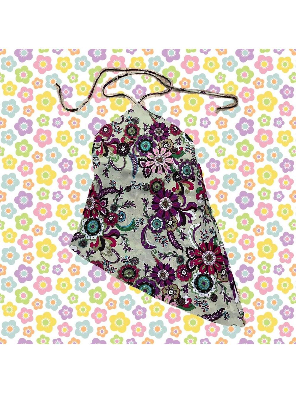 2000s A. Byer light green halter top with purple pink paisley floral print